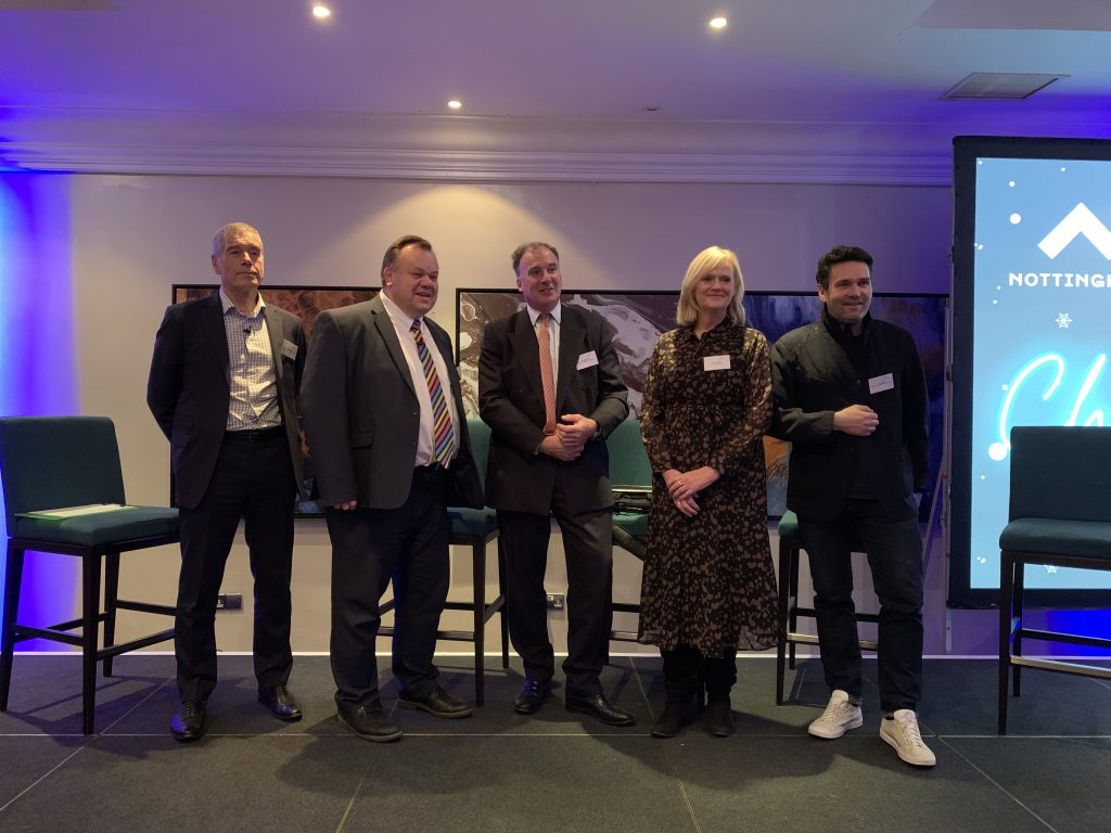 Leader of NCC Cllr Mellen and other guest speakers, Lorraine Baggs, Richard Watson, and Greg Nugent on stage after their discussion.