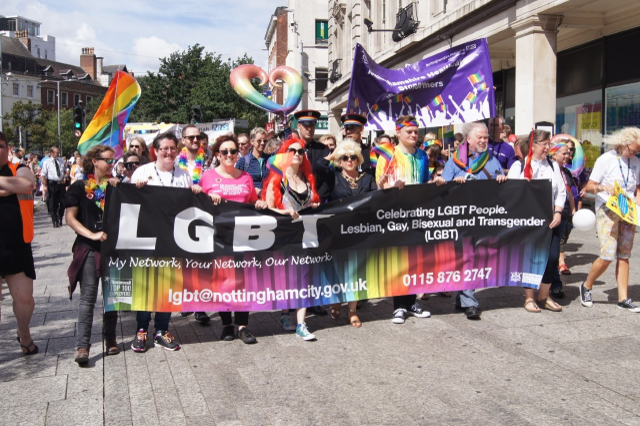 Pride parade in Nottingham's Old Market Square