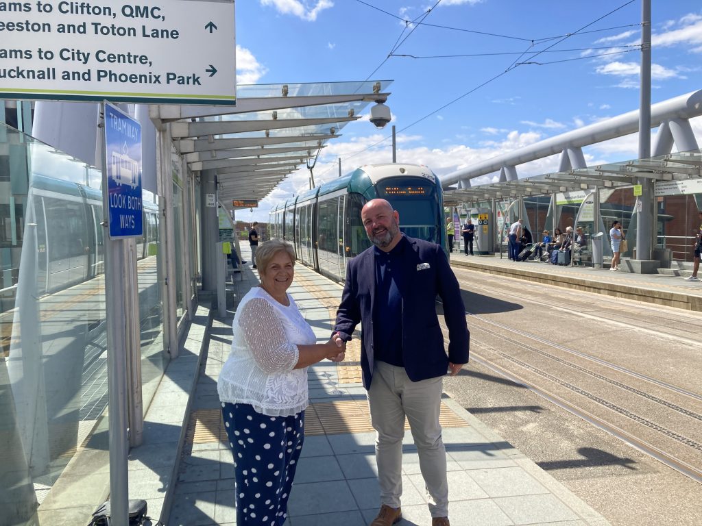 Andrew Conroy and Councillor Barnard at the NET Tram stop