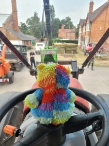 Teddy bear sat on the wheel of a vehicle