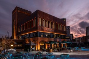 image of Binks Yard at the Island Quarter late at night as the sky starts to go dark