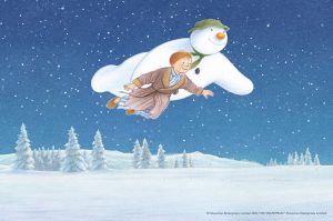 Sketch of the Snowman flying through the air with the boy from the children's movie, the snowman