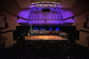 Stage with choir on it in Nottingham at Christmas.