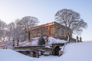 Nottingham Castle blanketed by snow in the winter