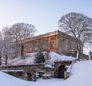Nottingham Castle blanketed by snow in the winter
