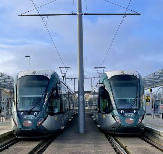 Trams decorated in a reindeer livery to make them look like Rudolph