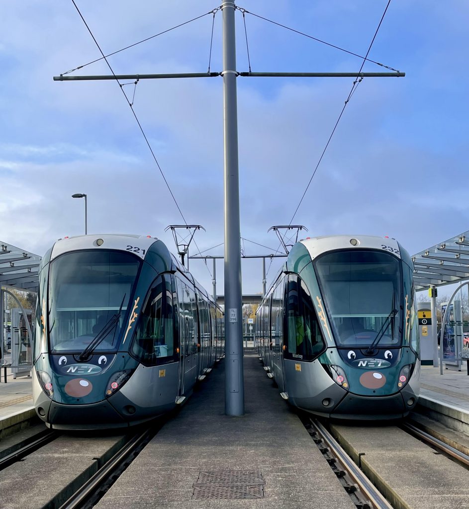 Trams decorated in a reindeer livery to make them look like Rudolph