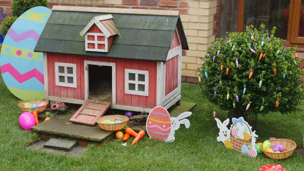 Photo of a hutch with some easter eggs next to it