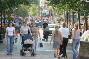Worksop Town Centre with people waling around.