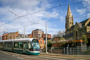 Tram coming through nottingham city centre