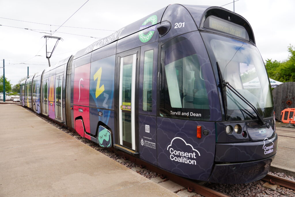 Nottingham Tram with the Consent Coalition livery