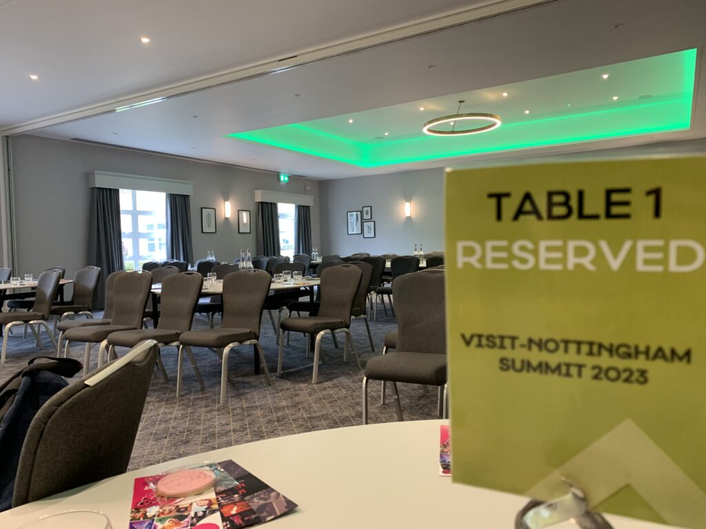 A reserved table card on one of the tables at Visit Notts' visitor economy summit.