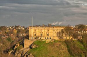 Shot of Nottingham Castle sitting high upon Castle rock in the sunshine.