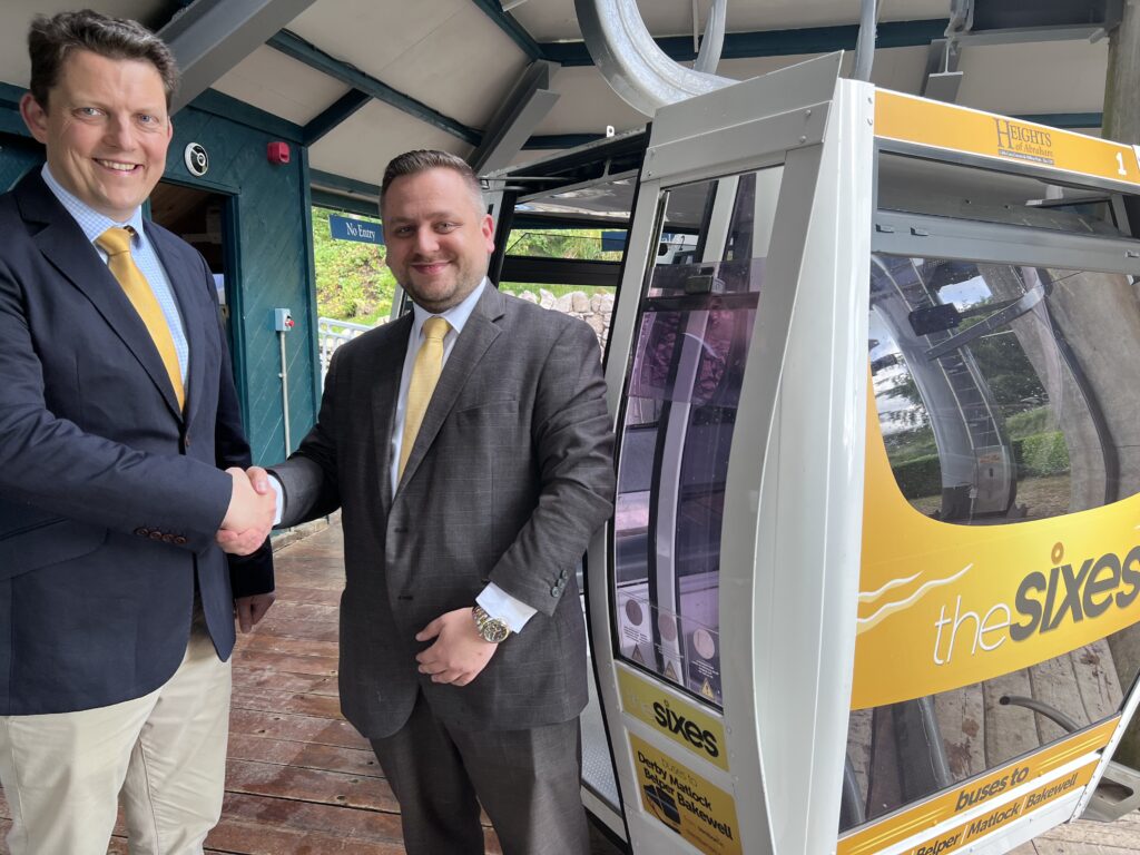 Rupert from Heights of Abraham welcoming Kurt from Trent Barton in the cable car house