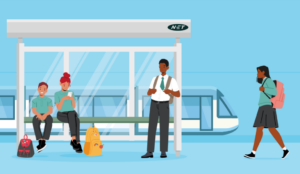 Graphic showing cartoon people waiting for the tram