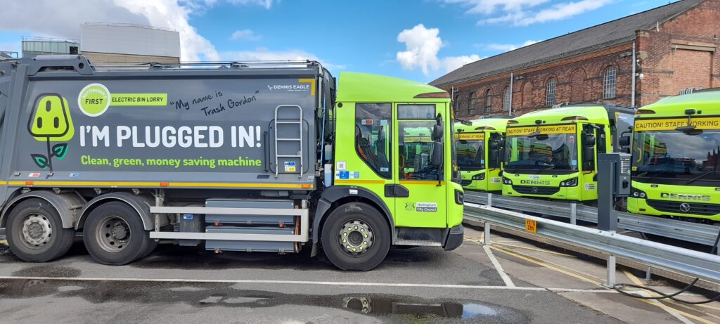 An electric garbage truck at one of Nottingham's depots