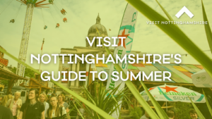 Shot of Nottingham's council house from Nottingham beach in 2022 with text overlaid "Visit Nottinghamshrie guide to summer"