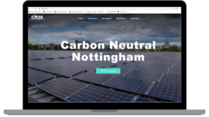 image of the homescreen on the Carbon Neutral Nottingham website. The main background image on the website is a field of solar panels.