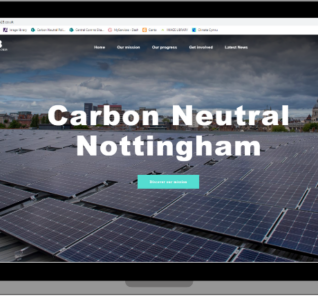 image of the homescreen on the Carbon Neutral Nottingham website. The main background image on the website is a field of solar panels.
