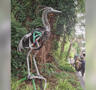 A picture of the herring sculpture made out of old Raleigh bike parts.