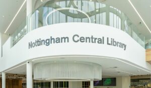 Shot of Nottingham Central Library Sign as you walk in