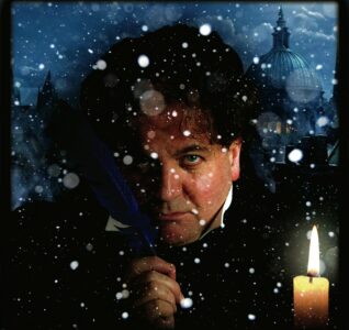 Photo of Ebeneezer Scrooge with St. Pauls Cathedral behind him
