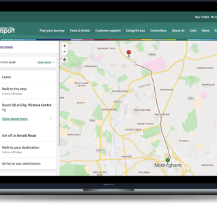 A laptop screen displaying the new interface for bus travel in Nottingham. It is displaying a map of the route specifically.