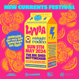 The poster shws a yellow milk bottle on a pick background. The milk bottle has on it a list of the performers who will be at New Currents Festival