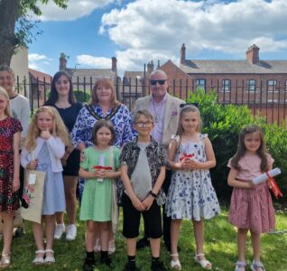 The Mayor of Broxtowe Councillor Sue Paterson with winners of the D.H. Lawrence Writing Competition